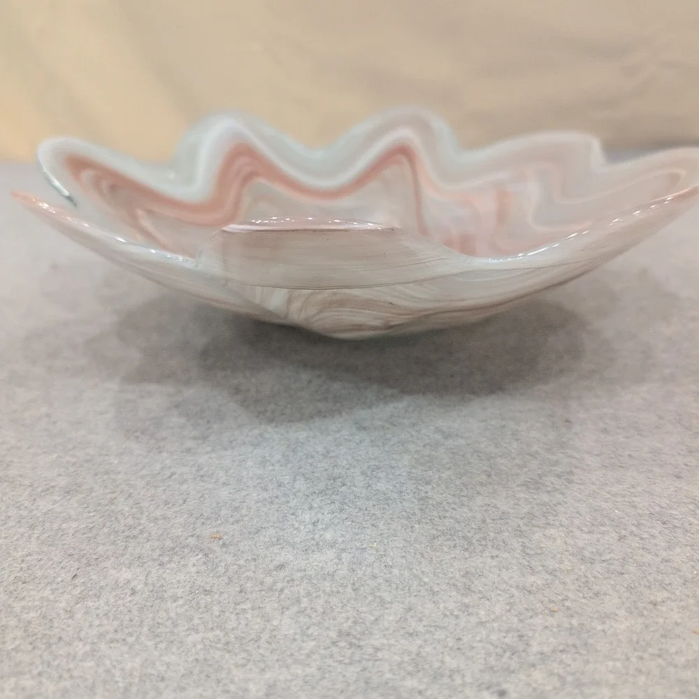 Art Glass Ruffled Bowl Mauve White Swirl Hand Blown Centerpiece - Picture 2 of 6